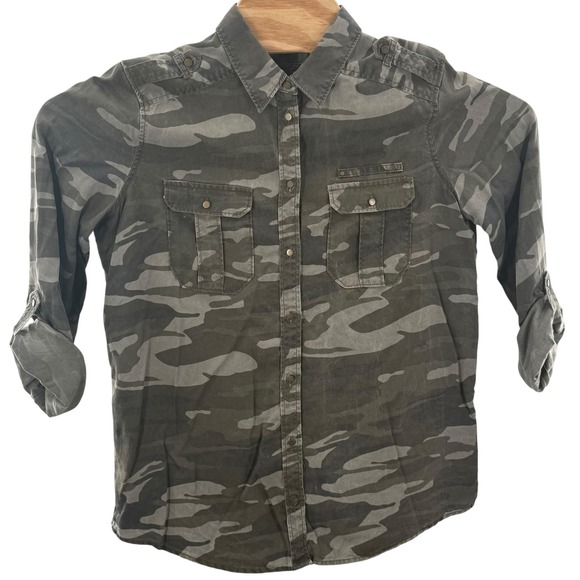 Express Camo Boyfriend Shirt Roll Tab Sleeve Utility Military Chic Pockets Small - Picture 2 of 9